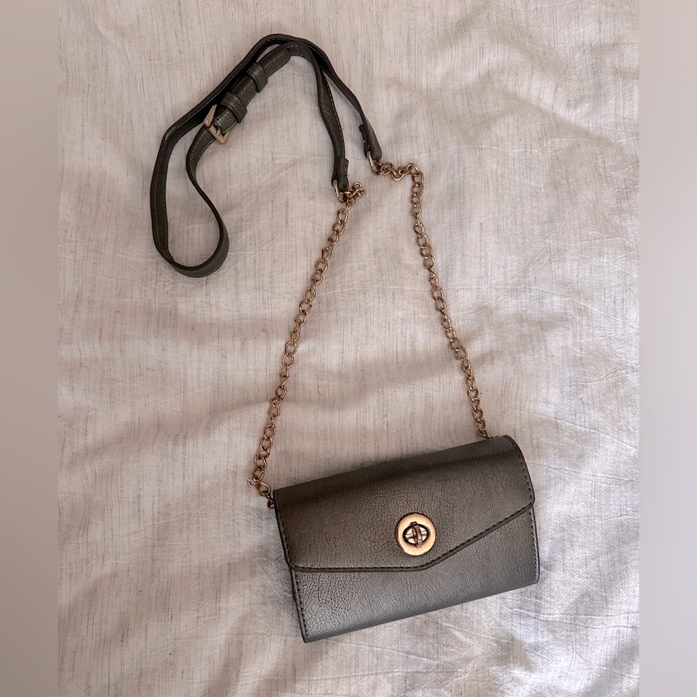 Dark Grey Metallic Wallet Crossbody Purse